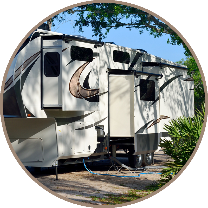 A fifth wheel motorhome parked for an rv inspection